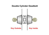 Diagram of a double cylinder deadbolt lock with keys labeled 'Key Outside' and 'Key Inside'.