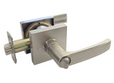 A lever-style door handle set in a brushed nickel finish, featuring a square backplate, lever handle, and latch mechanism, shown against a plain white background.