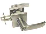 A modern lever-handle door lockset in brushed stainless steel, featuring a square deadbolt, lever handle with keyway, and strike plate on a white background.