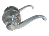 A polished chrome lever door handle with a matching round backplate and lock cylinder, shown on a plain white background.