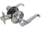 A polished chrome lever door handle shown with its internal latch mechanism and mounting plate against a plain white background.