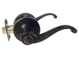 A lever-style door lockset with a matte black finish and a subtle copper or bronze edge accent, shown on a plain white background.
