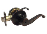 A lever-style door lockset with a dark oil-rubbed bronze finish and brass hardware components, shown on a plain white background.