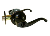 A black lever-style door handle with a matching round backplate and a brass key cylinder, shown on a plain white background.
