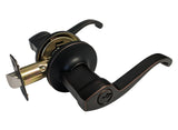 A lever-style door handle lockset in a dark oil-rubbed bronze finish, featuring a matching backplate, deadbolt, and key cylinder, isolated on a white background.