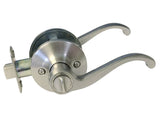 A satin chrome lever handle lockset with a matching round knob and latch hardware, shown on a plain white background.