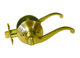 A brass lever door lockset with a thumb turn, round doorknob, and release latch, isolated on a white background.