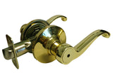 A polished brass lever door handle with a matching round backplate and latch hardware, shown on a plain white background.