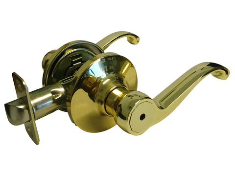 A polished brass lever door handle with a matching round backplate and latch hardware, shown on a plain white background.