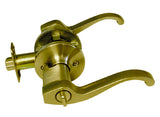A brass lever-style door lockset with a round body, lever handle, and release mechanism, shown on a plain white background.