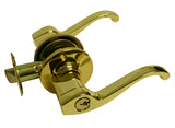 A polished gold lever door handle with a matching round backplate and lock cylinder, shown on a plain white background.