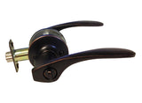 A lever-style door lockset with matte black handles, a matching round lock body, and a brass-toned bolt and backplate, shown on a plain white background.