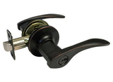 A lever-style door handle lockset in a dark oil-rubbed bronze finish, featuring a round lever handle, matching round backplate, keyhole, and latch hardware, shown on a plain white background.