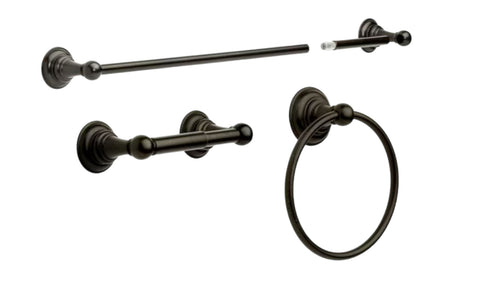 Set of black bathroom fixtures including towel bar, toilet paper holder, and towel ring on a white background.