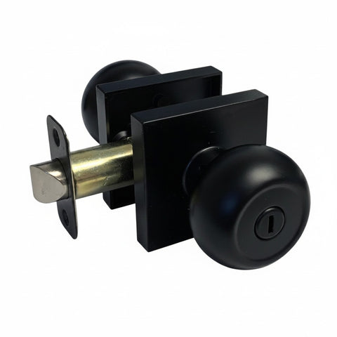 Black door handle with lock mechanism on a white background