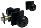 Black door handle and lock set on a white background
