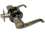 Antique brass entry handle lever with a round backplate and two keys on a keyring.